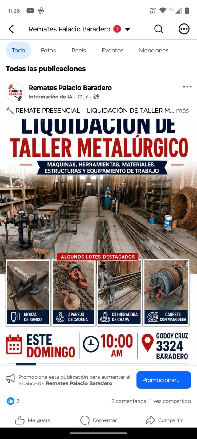 Publicación real de Facebook de Remates Palacio