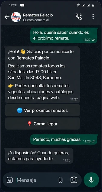 Representación visual aprobada de un chat de WhatsApp Business de Remates Palacio
